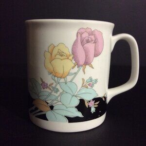 Coffee Mug Cup Black White Floral 8 Oz